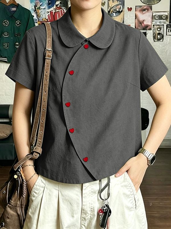 Men's Asymmetrical Slanted Placket Heart-Button Round Collar Shirt SKUL59567