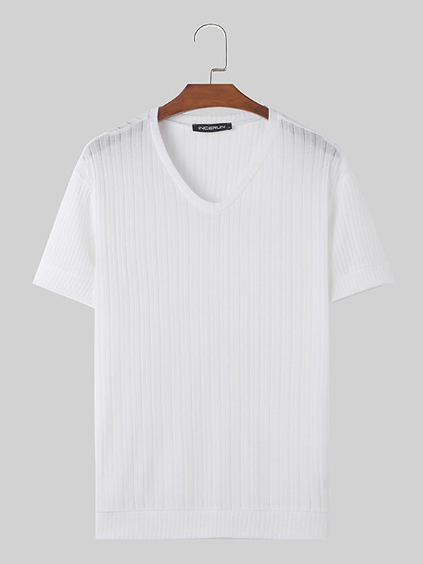 Mens Knit Hollow V-Neck Short Sleeve T-Shirt SKUK51052