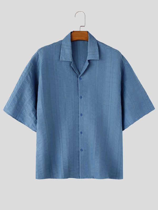 Men's Vintage Textured Drop Shoulder Cuban Collar Short Sleeve Shirt SKUL73655