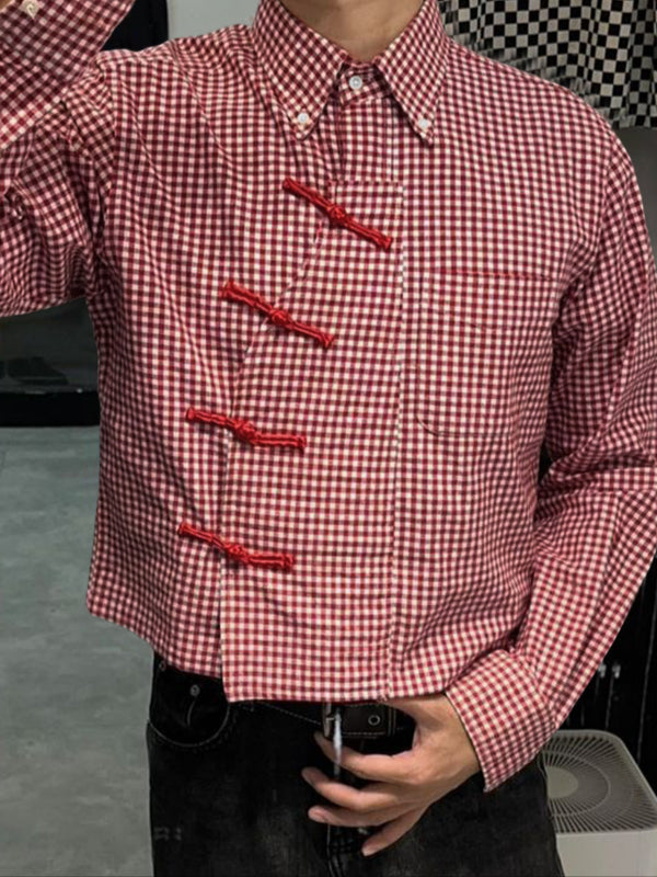 Men's Plaid Chinese Knot Long Sleeve Shirt SKUL50075