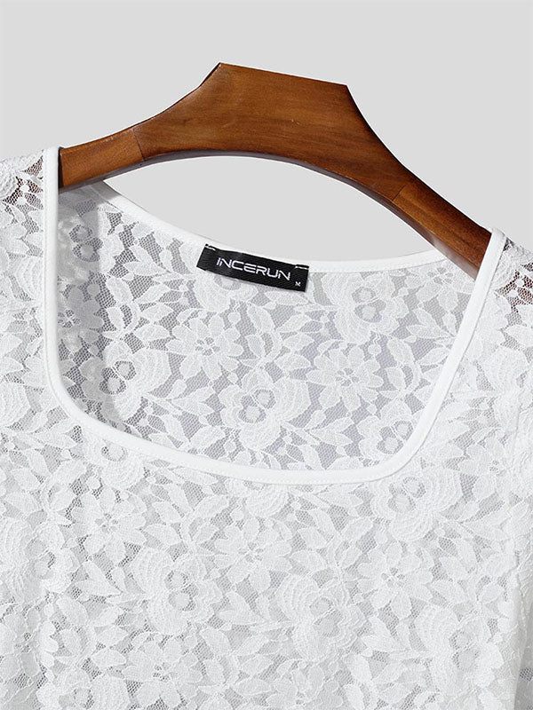 Mens Sheer Lace Square Neck Short Sleeve T-Shirt SKUL07028