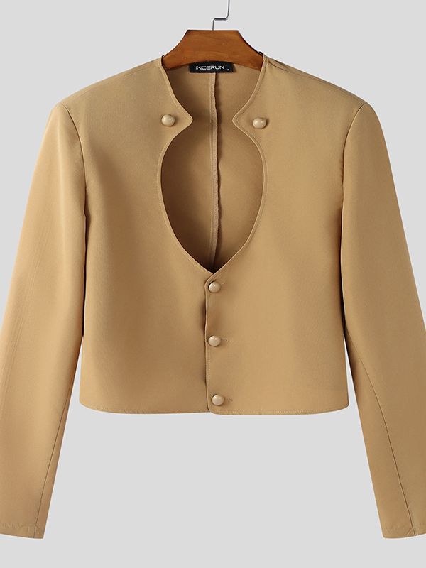 Men's Cut Out Design Metal Buckle Cropped Long Sleeve Blazer SKUL48622