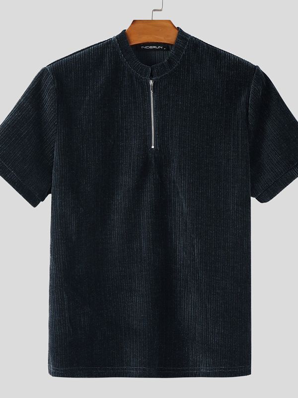 Men's Textured Knitted Half Zip Short Sleeve T-Shirt SKUL38889