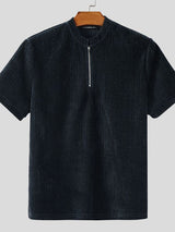 Men's Textured Knitted Half Zip Short Sleeve T-Shirt SKUL38889