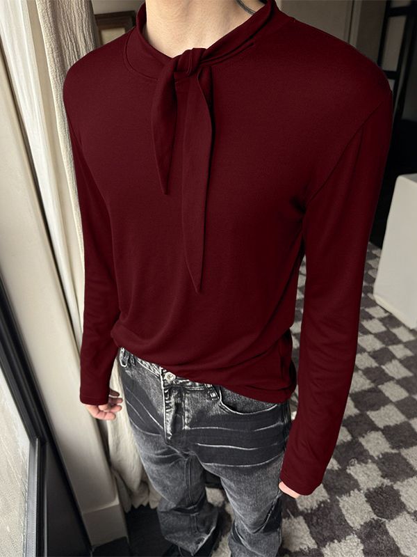 Men's Solid Color Tie Long Sleeve T-Shirt SKUL38544