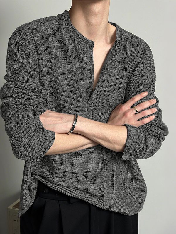 Men's Texture Half Placket Long Sleeve T-Shirt SKUL34228