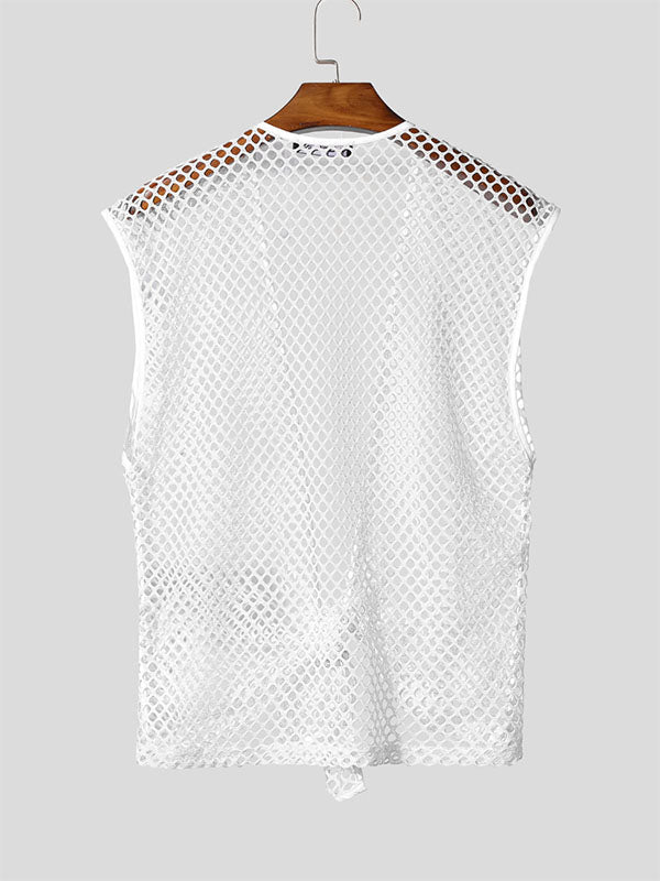 Mens Sheer Mesh Hollow Sleeveless Cardigan SKUL13735