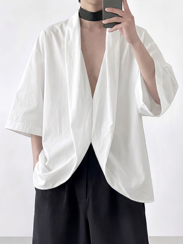 Men's Vintage Japanese Kimono Collar Asymmetric Twist Short Sleeve Shirt SKUL71353