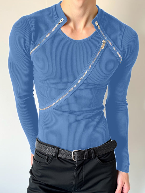 Mens Textured Zipper Long Sleeve T-Shirt SKUK84389