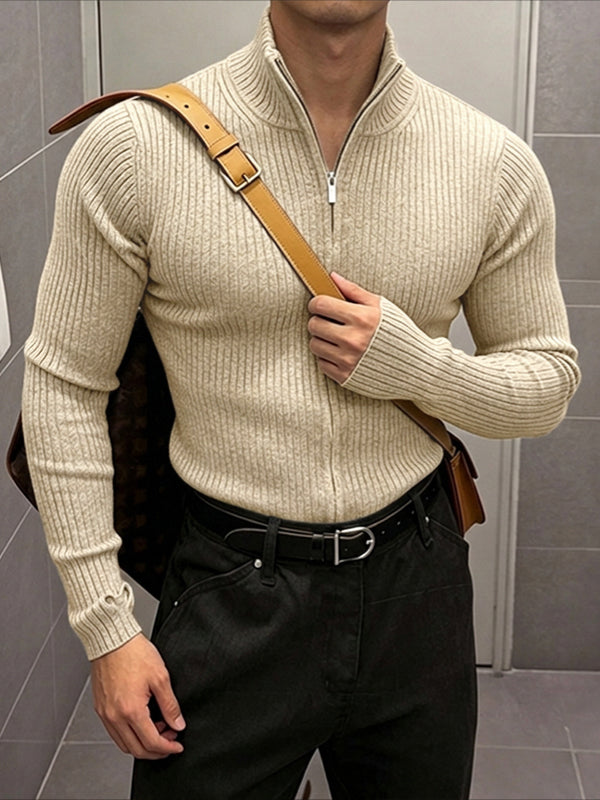 Men's Early Autumn Urban Casual Full Zip Ribbed Long Sleeve Stand Collar Cardigan SKUL79623