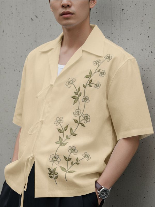 Men's Floral Embroidery Short Sleeve Shirt SKUL38936
