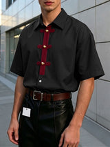 Men's Contrast Color Patchwork Gold Frog Button Lapel Short Sleeve Shirt SKUL61865