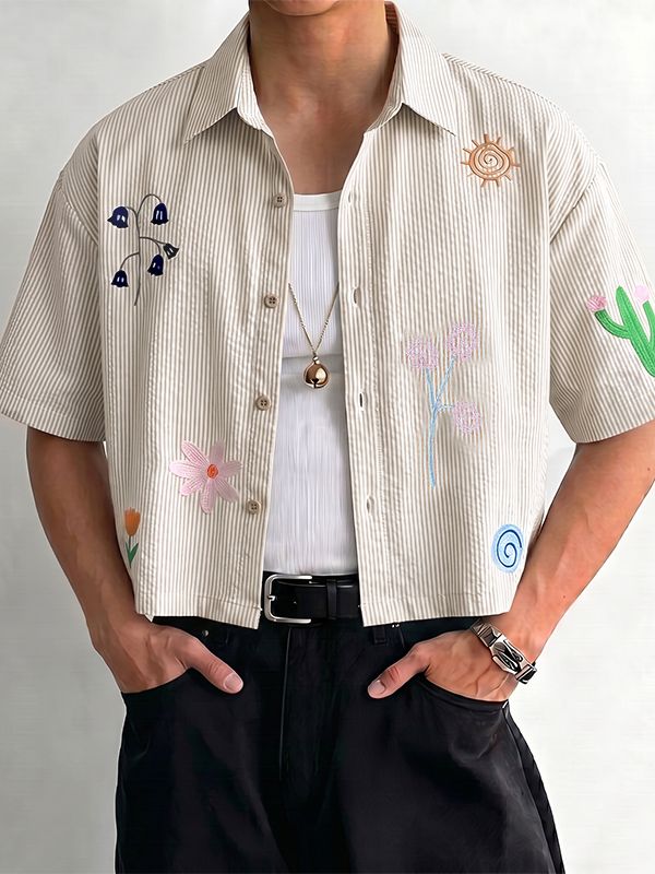 Men's Avant-Garde Whimsical Embroidered Cropped Pinstripe Short Sleeve Shirt SKUL74579
