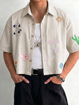Men's Avant-Garde Whimsical Embroidered Cropped Pinstripe Short Sleeve Shirt SKUL74579