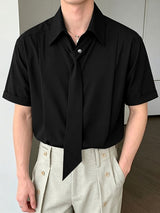 Men's Elegant Smart Casual Solid Color Attached Tie Short Sleeve Shirt SKUL77333