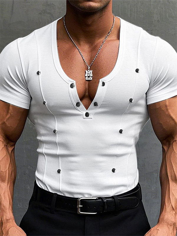 Mens Button Patchwork Knit Short Sleeve T-Shirt SKUL04166