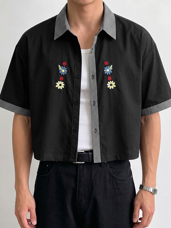 Men's Japanese Casual Floral Print Boxy Cropped Short Sleeve Shirt SKUL74581