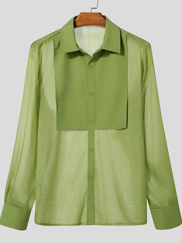 Men's Sheer Mesh Patchwork Long Sleeve Shirt SKUL47611