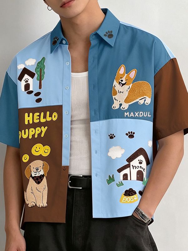 Men's Japanese Harajuku Playful Cartoon Print Short Sleeve Shirt SKUL72692