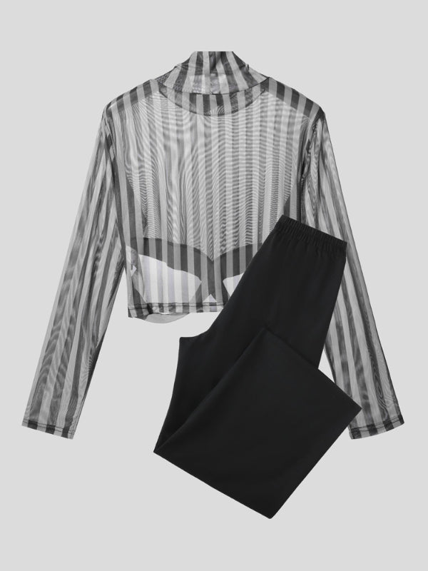 Men's Sheer Striped Cropped Two Pieces Outfit SKUL25950