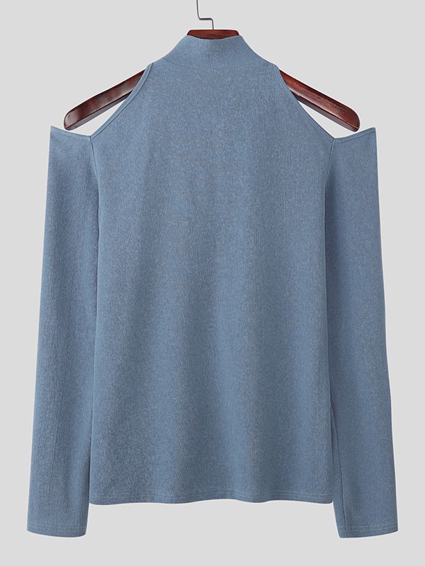 Men's Cut-Out Shoulder Textured Half-Zip Long Sleeve T-shirt SKUL47904