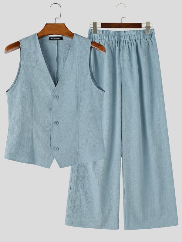 Men's Summer Casual Textured Deep V-Neck Two Pieces Outfit SKUL69692