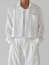 [Pre-order] Men's Avant-Garde Vacation Resort Hollow Out Lace Striped Cropped Shirt SKUL86937