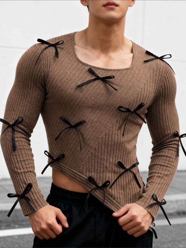 Men's Small Bow Patchwork Design Knit Textured Long Sleeve T-shirt SKUL43733