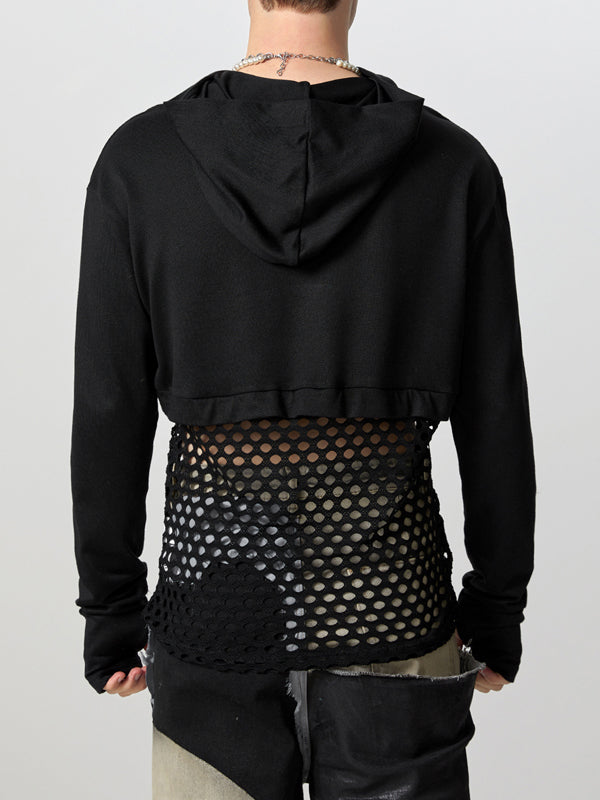 Mens Sheer Mesh Patchwork Long-Sleeve Hoodie SKUK87164