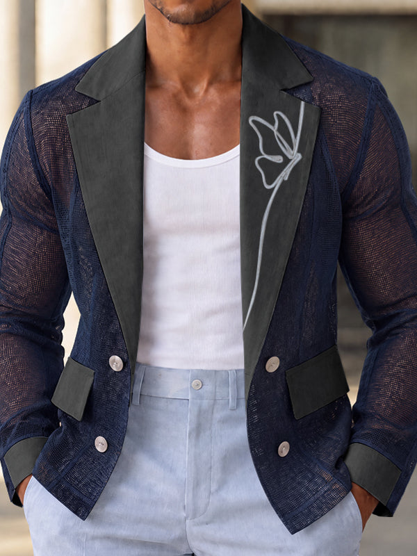 [Pre-order] Men's Vacation Resort Beach Party Butterfly Embroidered Sheer Mesh Contrast Lapel Blazer SKUL89036