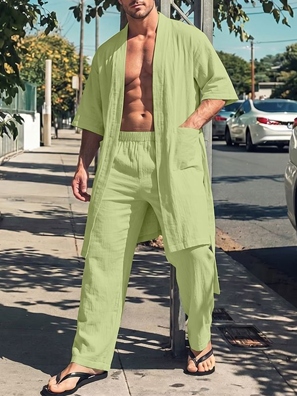 Men's Bohemian Relaxed Vibe Open-Front Mid-Length Two Pieces Outfit SKUL71418