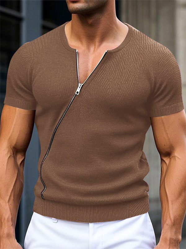 Mens Asymmetrical Zip Textured Short Sleeve T-Shirt SKUK99813