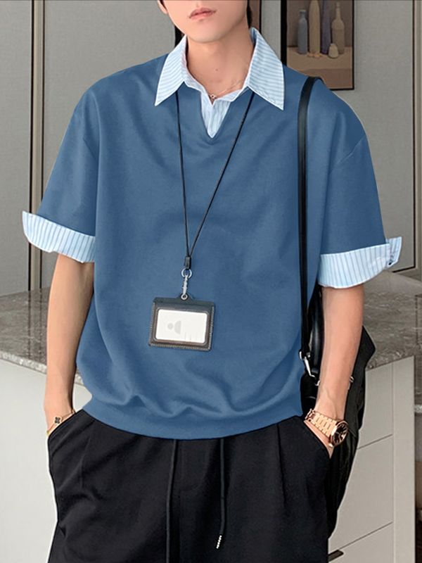 Men's Casual College Preppy Striped Fake Two Piece Short Sleeve Shirt SKUL67312