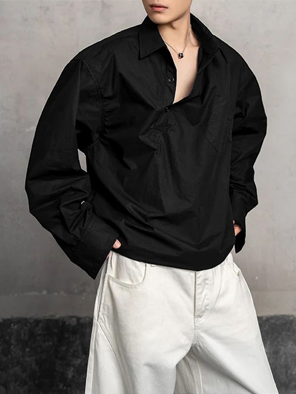 Men's Slant Placket Loose Long Sleeve Shirt SKUL32995