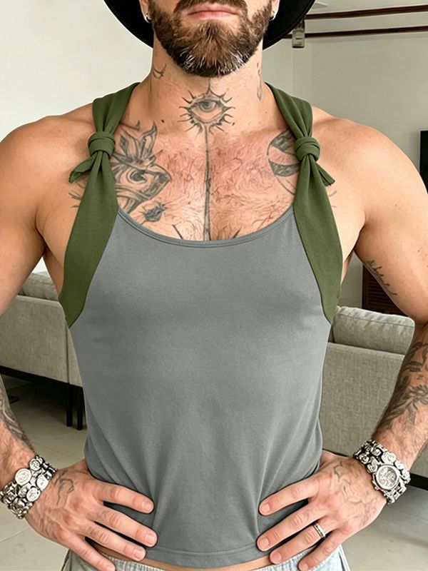 Men's vant-Garde Knot Detail Contrast Colorblock Fitted Muscle Tank SKUL60608