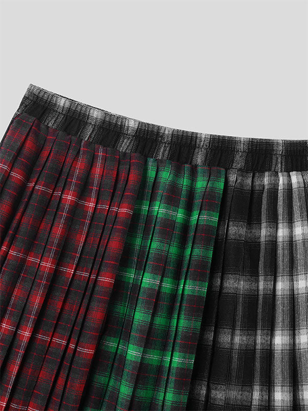 Mens Irregular Pleated Plaid Patchwork Skirt SKUK37261