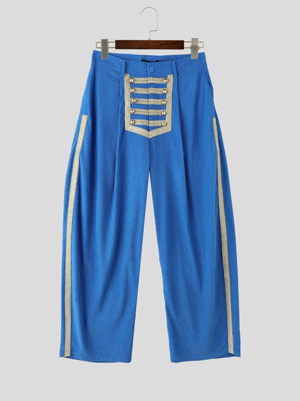 Men's Retro Avant-Garde Military Gold Frogging Embroidery Side Stripe Floor Length Wide Leg Pant SKUL76590