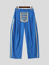 Men's Retro Avant-Garde Military Gold Frogging Embroidery Side Stripe Floor Length Wide Leg Pant SKUL76590