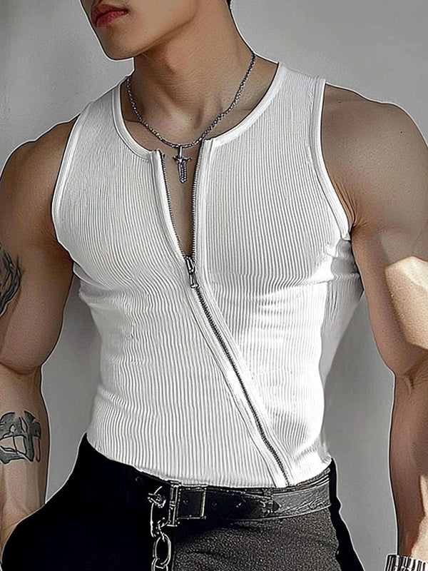 Mens Solid Color Asymmetrical Zip-Up Tank SKUL01332