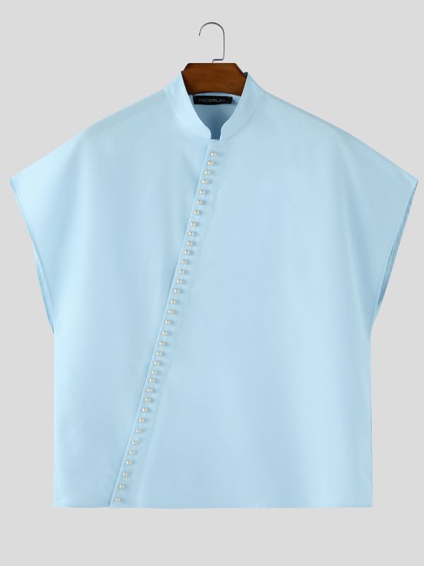 Men's Avant-Garde Asymmetrical Pearl Button Mandarin Collar Sculptural Shirt SKUL57186