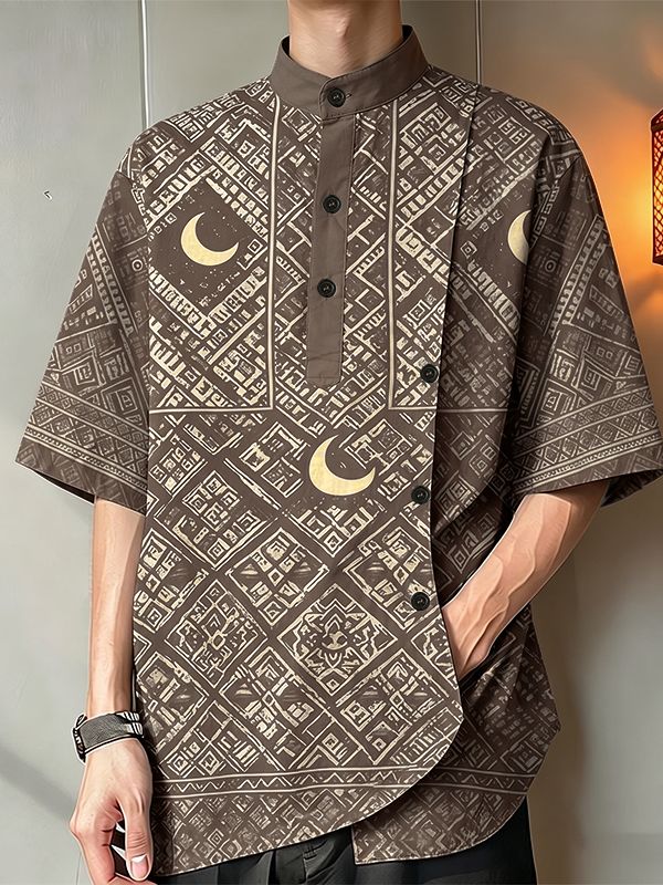 Men's Crescent Moon Geometric Print Asymmetric Placket Short Sleeve Shirt SKUL61012