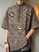 Men's Crescent Moon Geometric Print Asymmetric Placket Short Sleeve Shirt SKUL61012