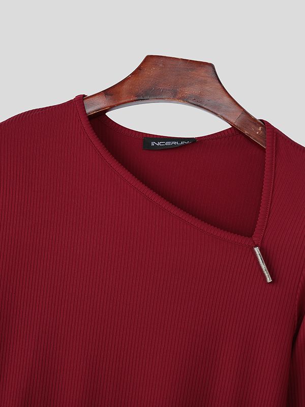 Men's Asymmetric Shoulder Design Textured Long Sleeve T-shirt SKUL43663