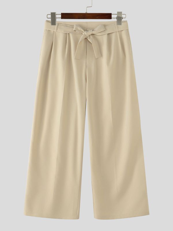 Men's Elegant Minimalist Tie Waist Pleated Draped Wide Leg Pant SKUL68483