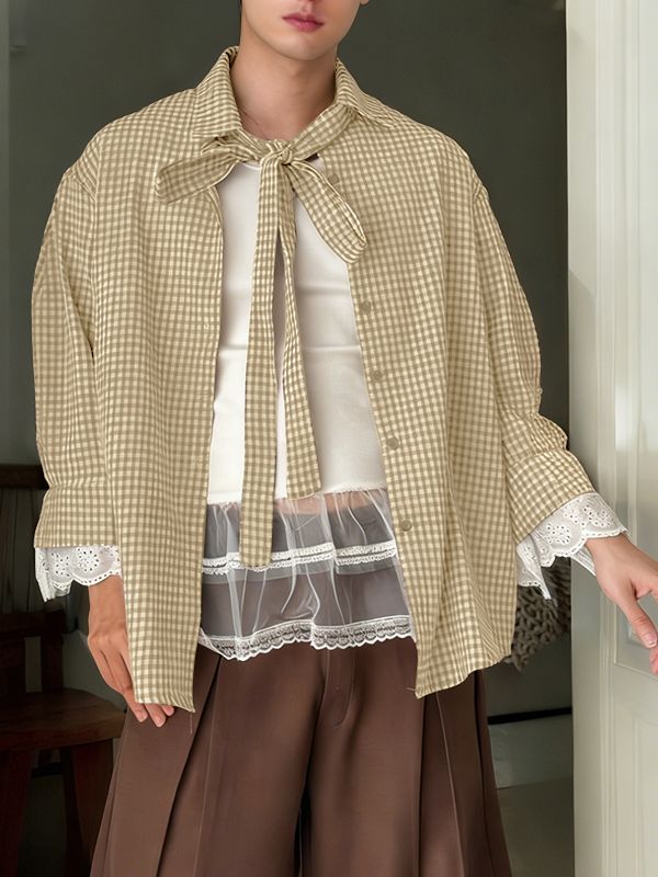 Men's Plaid Bow Long Sleeve Shirt SKUL45417