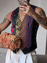 Men's Avant-Garde Deconstructed Multi-Pattern Tie Patchwork Slim Waistcoat SKUL70343