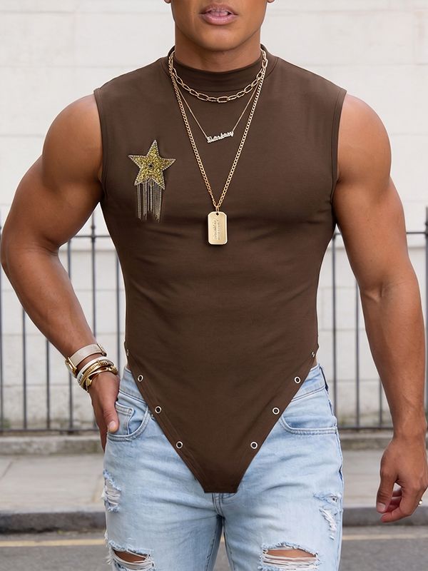 Men's Avant-Garde Star Tassel Asymmetric Inverted-V-Hem Fitted Tank SKUL67079