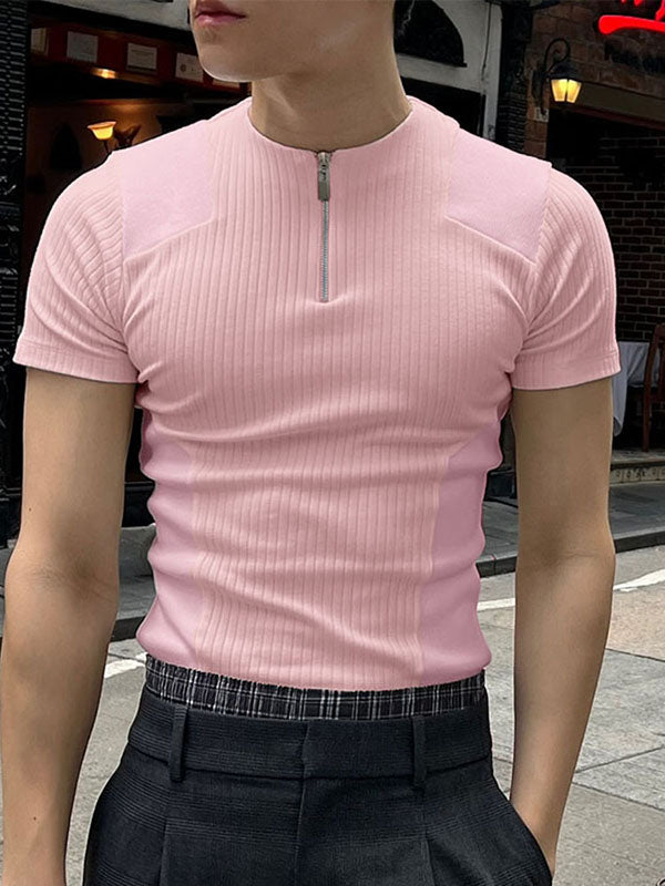 Mens Solid Color Half-Zip Short Sleeve T-Shirt SKUK98843