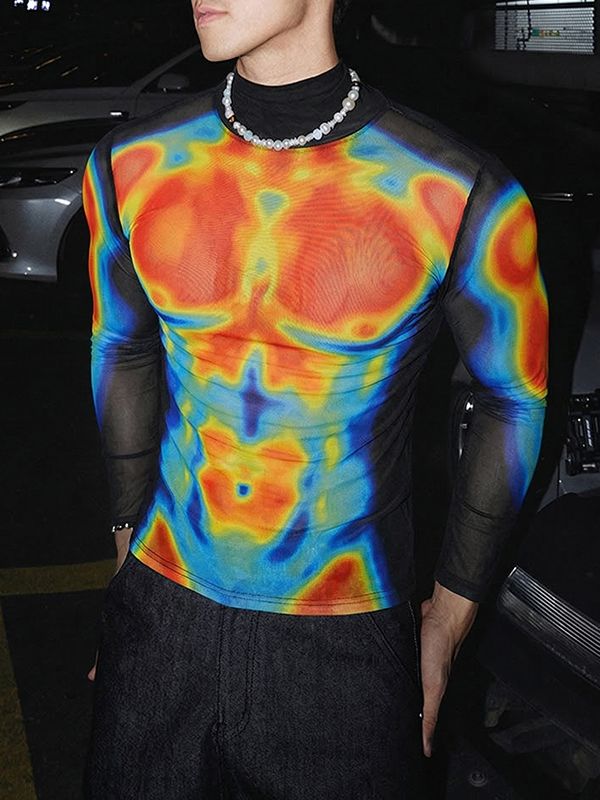 Men's Futuristic Sheer Mesh Thermal Muscle Print Mock Neck Long Sleeve Shirt SKUL64229
