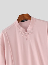 Men's Minimalist Casual Frog Button Stand Collar Short Sleeve Shirt SKUL62087